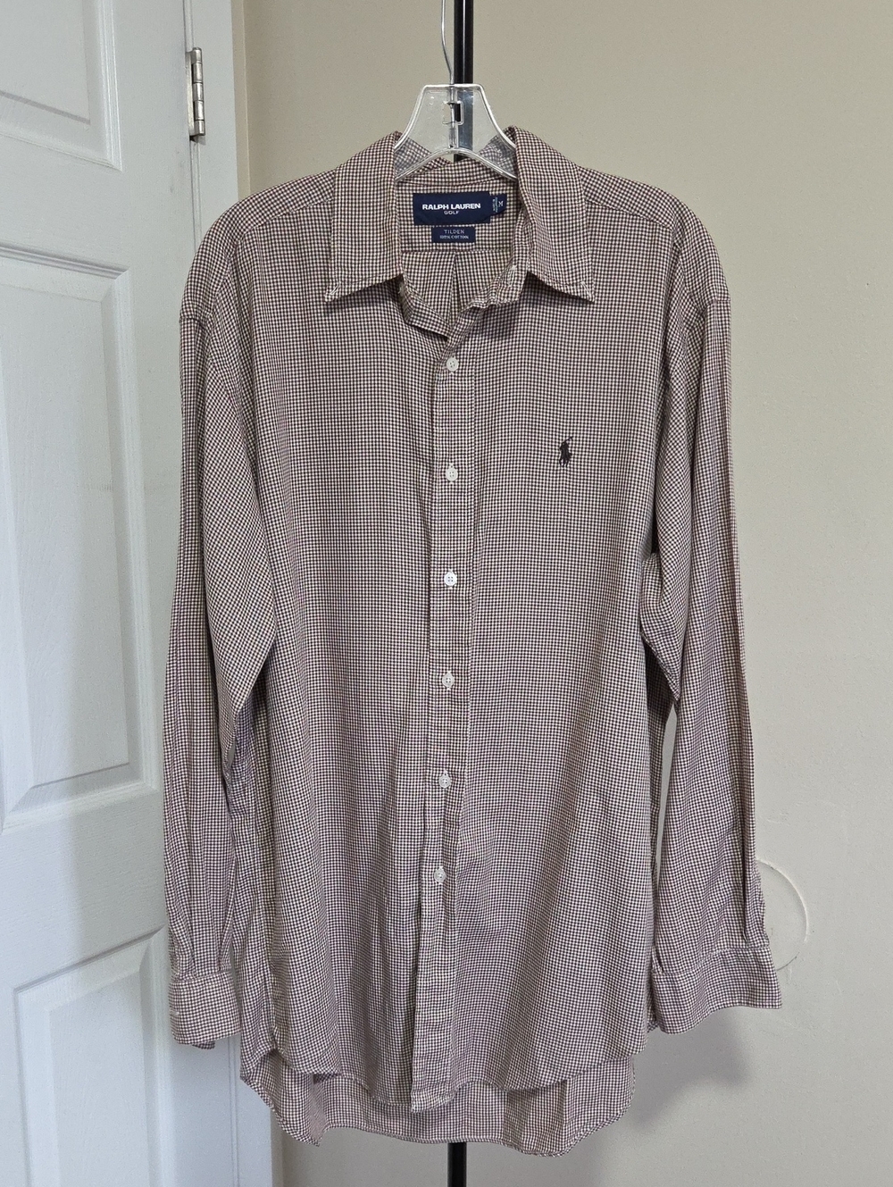 Ralph Lauren 100% Cotton Long-Sleeve Small Check Dress Shirt in Brown and White